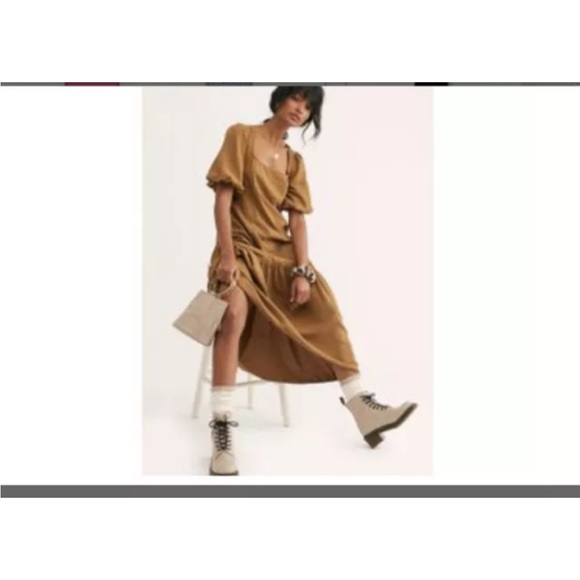 Free People High Low Tobacco Tan Brown Puff Sleeve MIDI Dress size Large - Picture 2 of 15